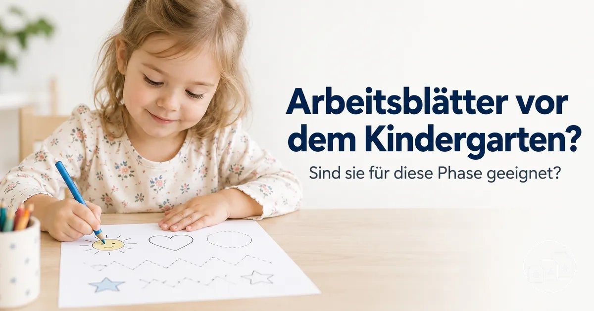 Kind mit einem altersgerechten Arbeitsblatt vor dem Kindergarten
