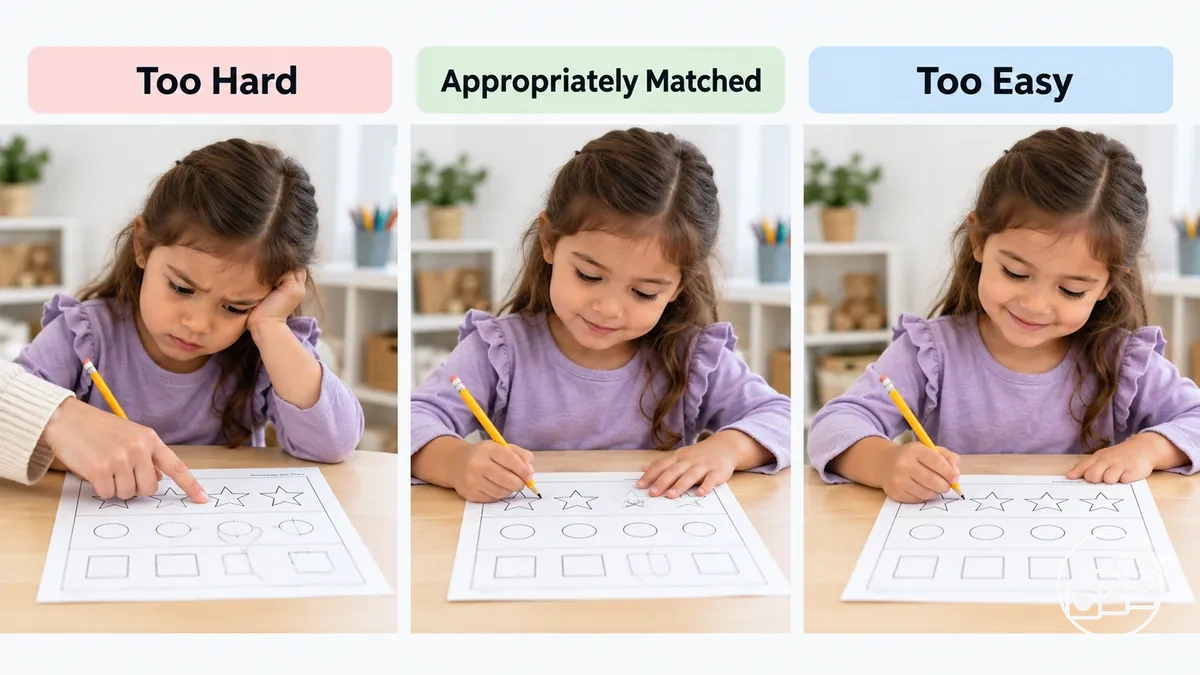 Comparison graphic showing worksheet challenge that is too hard, appropriately matched, or too easy for current skill