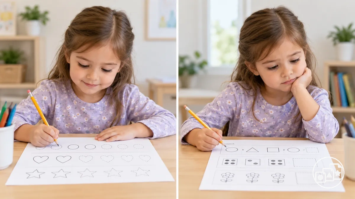 Child progressing through one worksheet and pausing at a more demanding item on another unfinished worksheet