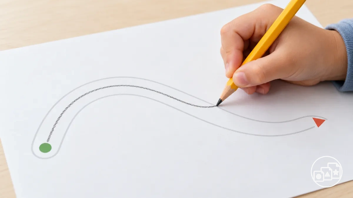 Child controlling a pencil along a simple pre-writing path