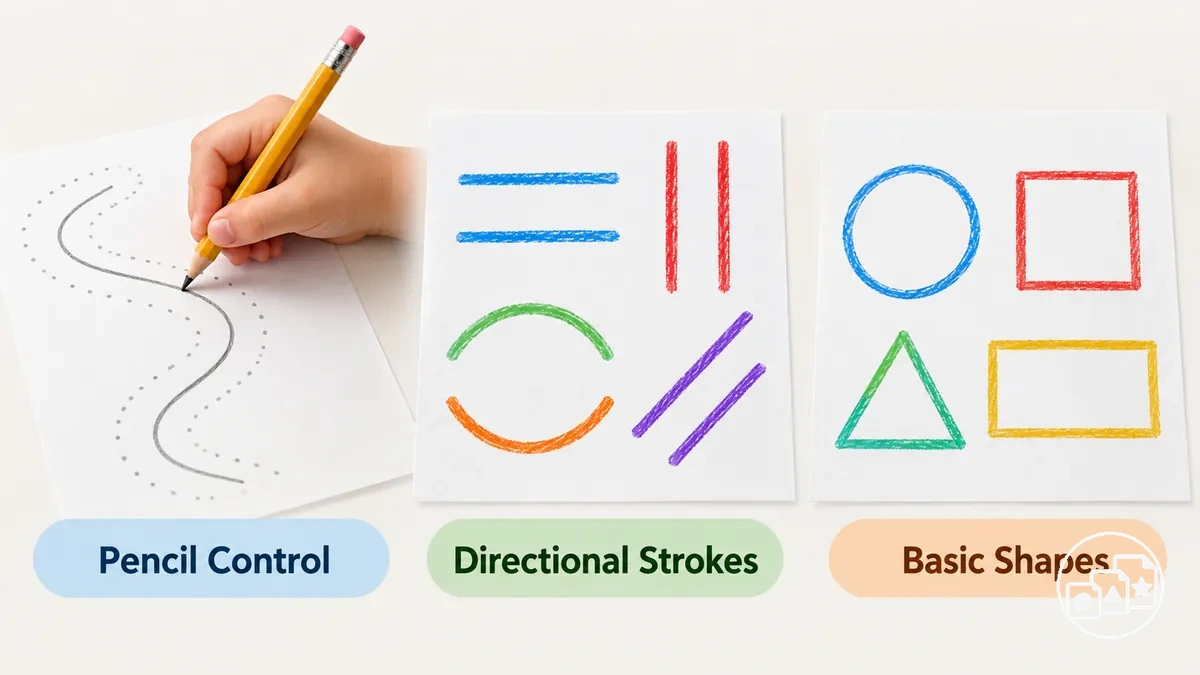 Core pre-writing skills showing pencil control, directional strokes and basic shapes