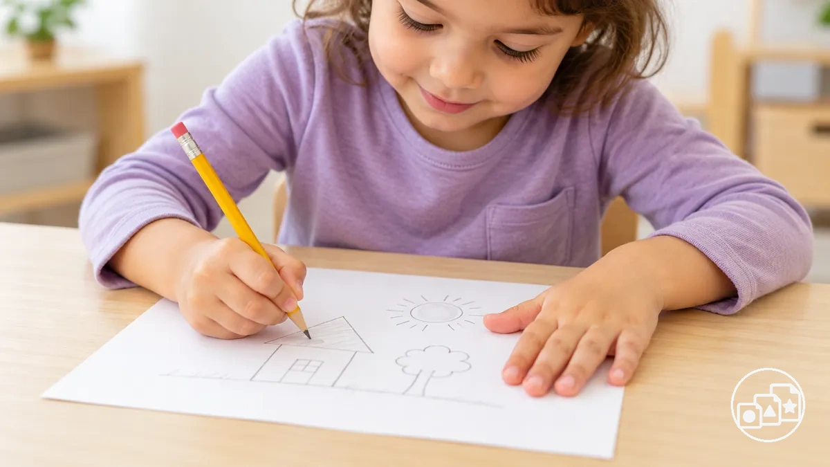 Child using both hands together to stabilise paper and complete a fine motor task
