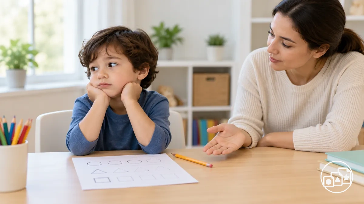Niño en pausa durante una ficha mientras un adulto ofrece indicaciones y apoyo neutros