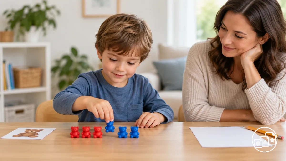Niño completando una tarea breve y dirigida de preparación mientras un adulto observa cómo se demuestra la habilidad