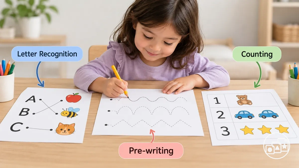 Compétences sélectionnées pour les fiches de préparation à la maternelle, incluant la pré-écriture, la reconnaissance des lettres et le comptage