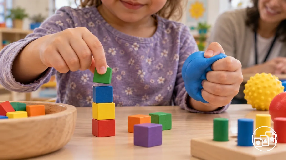 Enfant utilisant la force des doigts et une prise en pince précise pour manipuler de petits objets scolaires