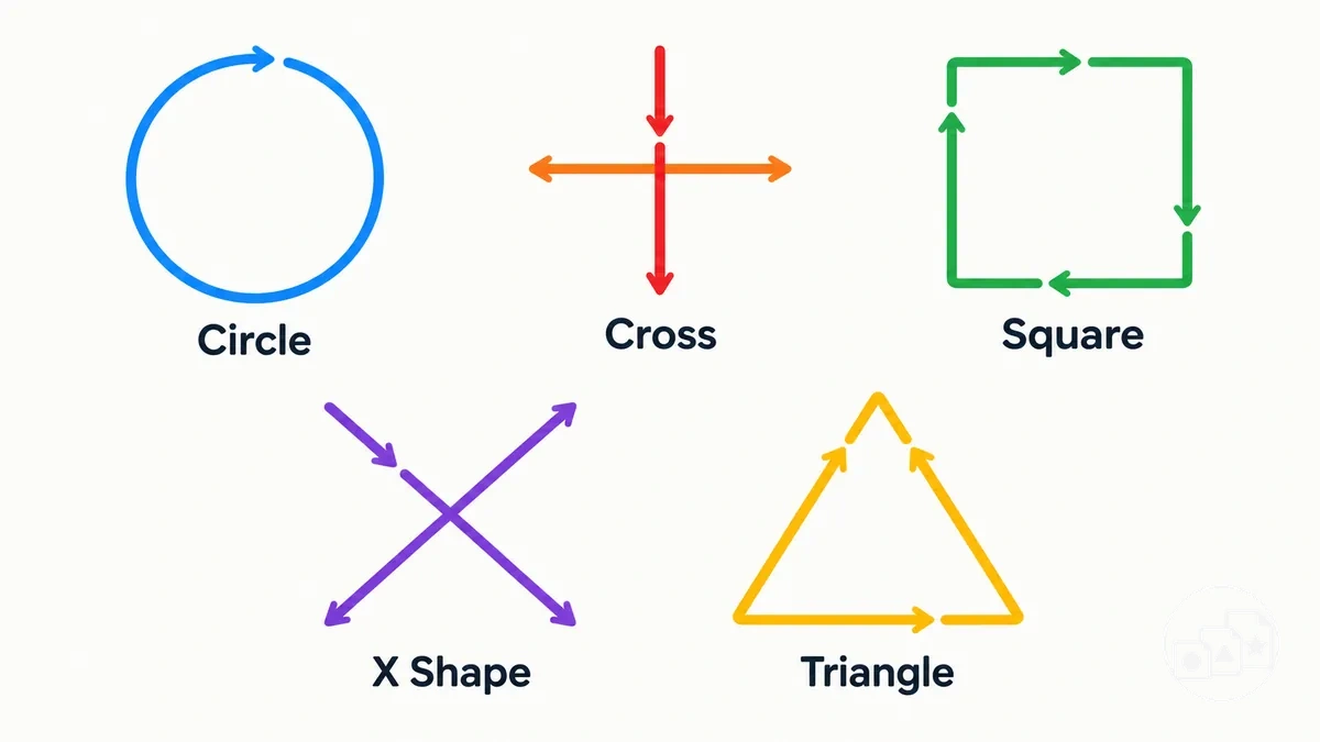 Formes de base de pré-écriture construites à partir de traits courbes, droits et entrecroisés