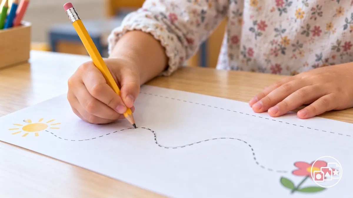 Enfant utilisant une prise stable du crayon pour des tracés contrôlés en préparation à la maternelle