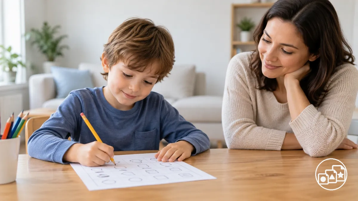 Adulto observando uma criança durante uma sessão curta e administrável de folha de atividades em casa