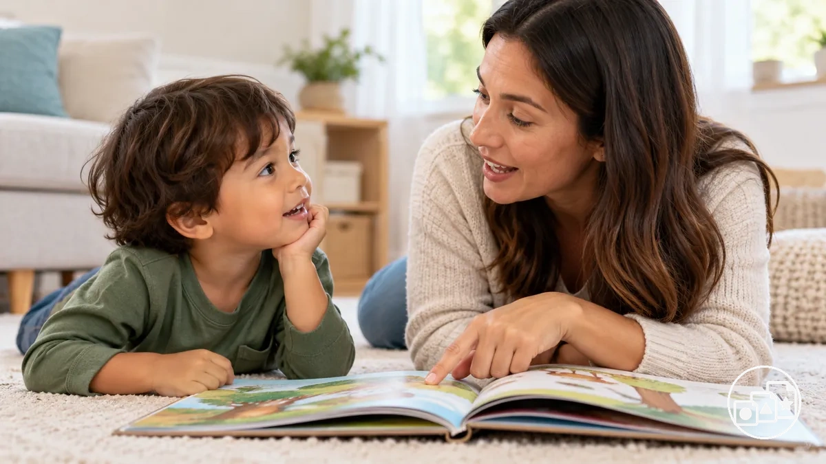 Bir resimli kitap hakkında konuşarak sözlü dil, kelime dağarcığı ve dinlediğini anlama becerilerini geliştiren yetişkin ve çocuk